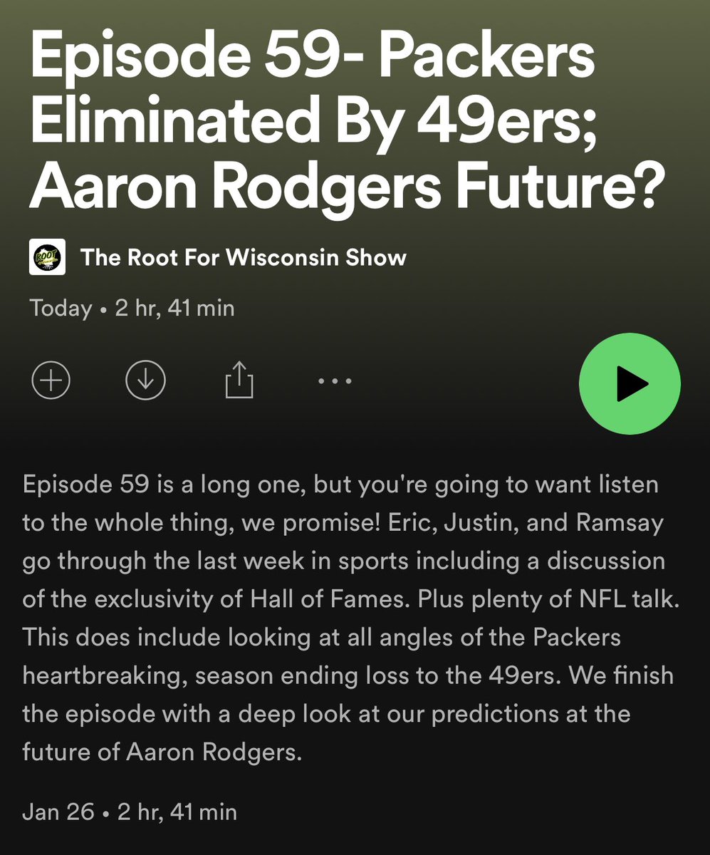 Root4Wisconsin's tweet photo. Good morning! Long episode this week but plenty to discuss that you won’t wanna miss. A look around at all the top stories in the last week prior to a deep dive into the #Packers heartbreaking, season ending loss. Plus our predictions on the future of Aaron Rodgers.  #podcast https://t.co/gP0LPbeUtQ