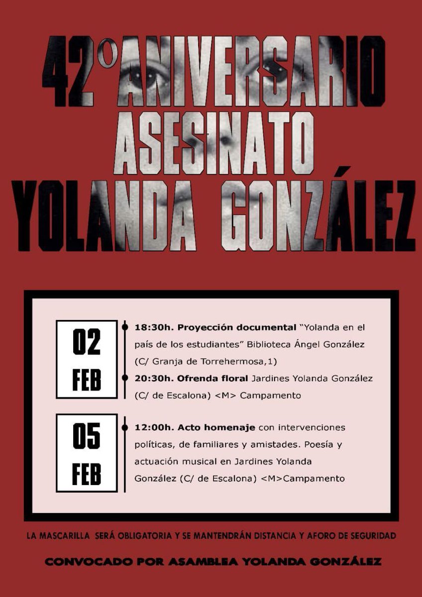 42 años después del secuestro y asesinato de Yolanda González por Emilio Hellín, salimos a la calle para homenajear su lucha en los jardines que llevan su nombre.

Yolanda, no te olvidamos. Ni olvido, ni perdón.