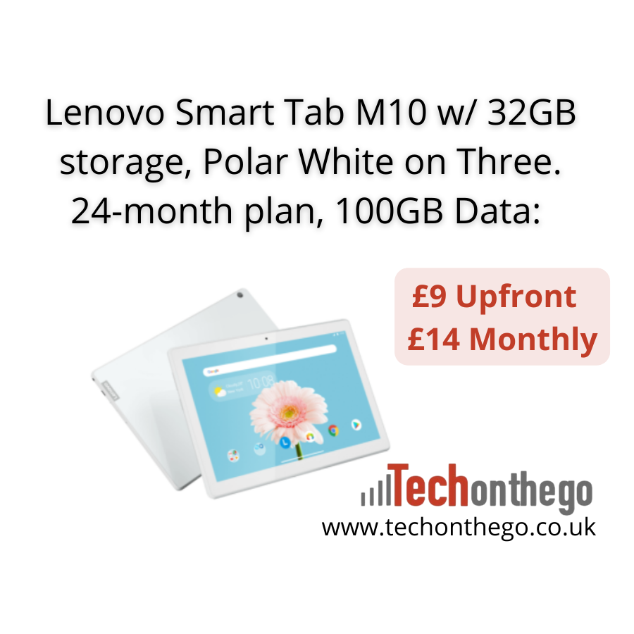 techonthego's tweet photo. Deal Alert: Lenovo Smart Tab M10 w/ 32GB storage, Polar White, 24-month plan, 100GB Data: £9 upfront cost / £14 monthly https://t.co/BJCRExHimN @ThreeUK #lenovo #smarttab #deal #remoteworking https://t.co/Htna1MXdwm