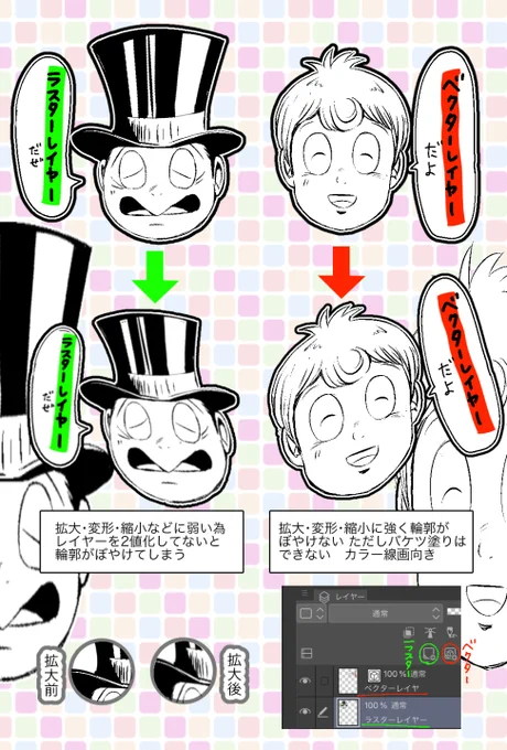 @nrszata1 もうすでにアドバイス貰ってそうですが…
「線画はベクターレイヤーがいい」とよくいわれるのは、拡大縮小した際に輪郭がぼやけないので線画の修正がしやすいからですね…。
個人的にはカラー線画向きかなーと思って使ってます(漫画はレイヤー初めから2値化するので) 