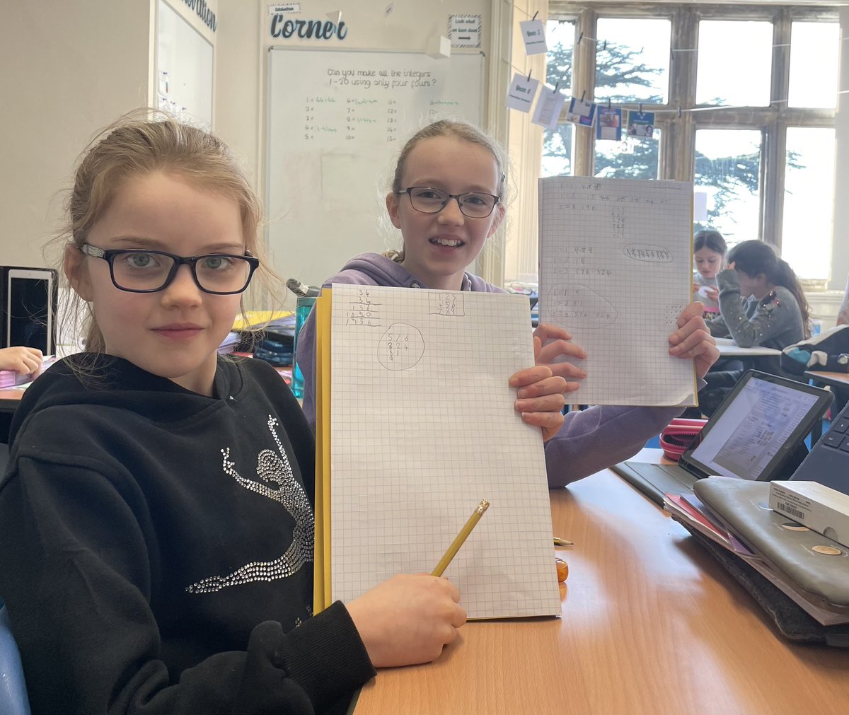 CarrdusYear5's tweet photo. Perseverance paid off today and these two girls found their first solution to one of our weekly challenges involving square numbers. Well done! #puzzler #perseverance #Maths https://t.co/zbKPlaLREF