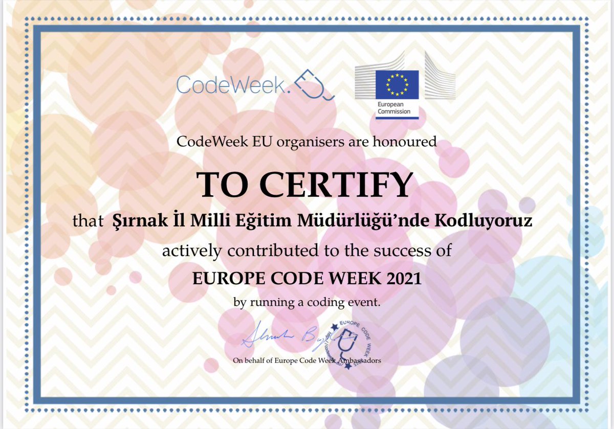 sirnakmem73's tweet image. Codeweek haftasında Avrupa Komisyonluğunca Müdürlüğümüze sertifika verilmiştir. Emeği geçen öğretmenlerimize teşekkür ediyoruz.👏🏻👏🏻💐💐
#CodeWeekEu2021 
@tcmeb 
@ahpehlivan53 
@ahmetozdemirmem