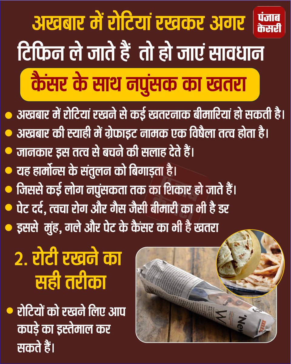 punjabkesari's tweet photo. अखबार में रोटियां रखकर अगर टिफिन ले जाते हैं तो हो जाएं सावधान- कैंसर के साथ नपुंसक का खतरा
#newspaper #chapati #tiffin #cancer #Graphite #harmons #skindisease #cloth #lunchbox #punjabkesari https://t.co/ijaI4190vs