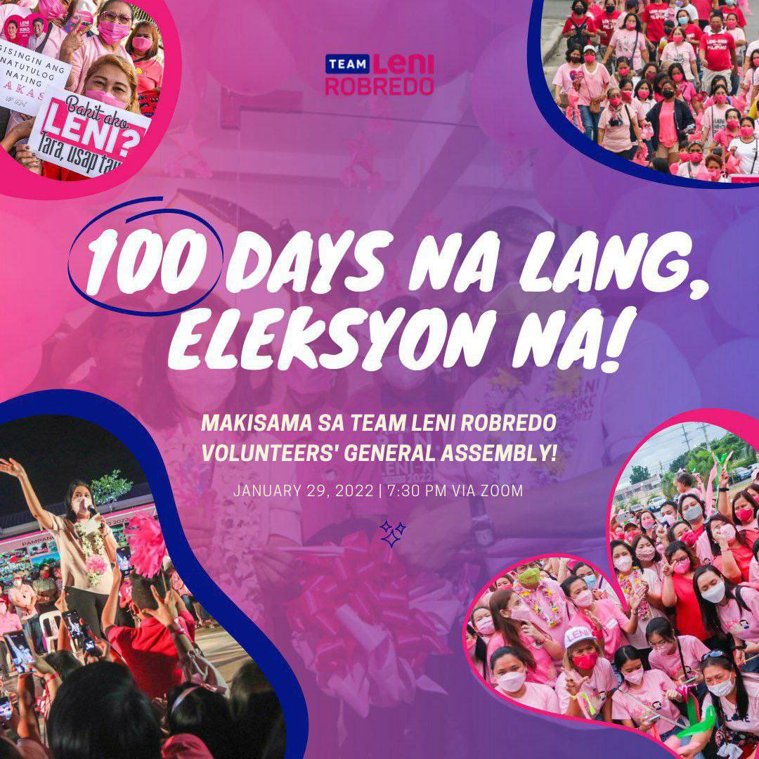 PEP4Leni's tweet photo. 💖😱 100 days na lang, eleksyon na! 😱💖

Join na sa Team Leni Robredo Volunteers' General Assembly para gisingin ang natutulog pang lakas!

Alamin natin kung paano pa tayo pwedeng magtulungan sa pagbuo ng People's Campaign. Balita namin may special guests din daw! 👀✨ https://t.co/O6IIKCCUY4