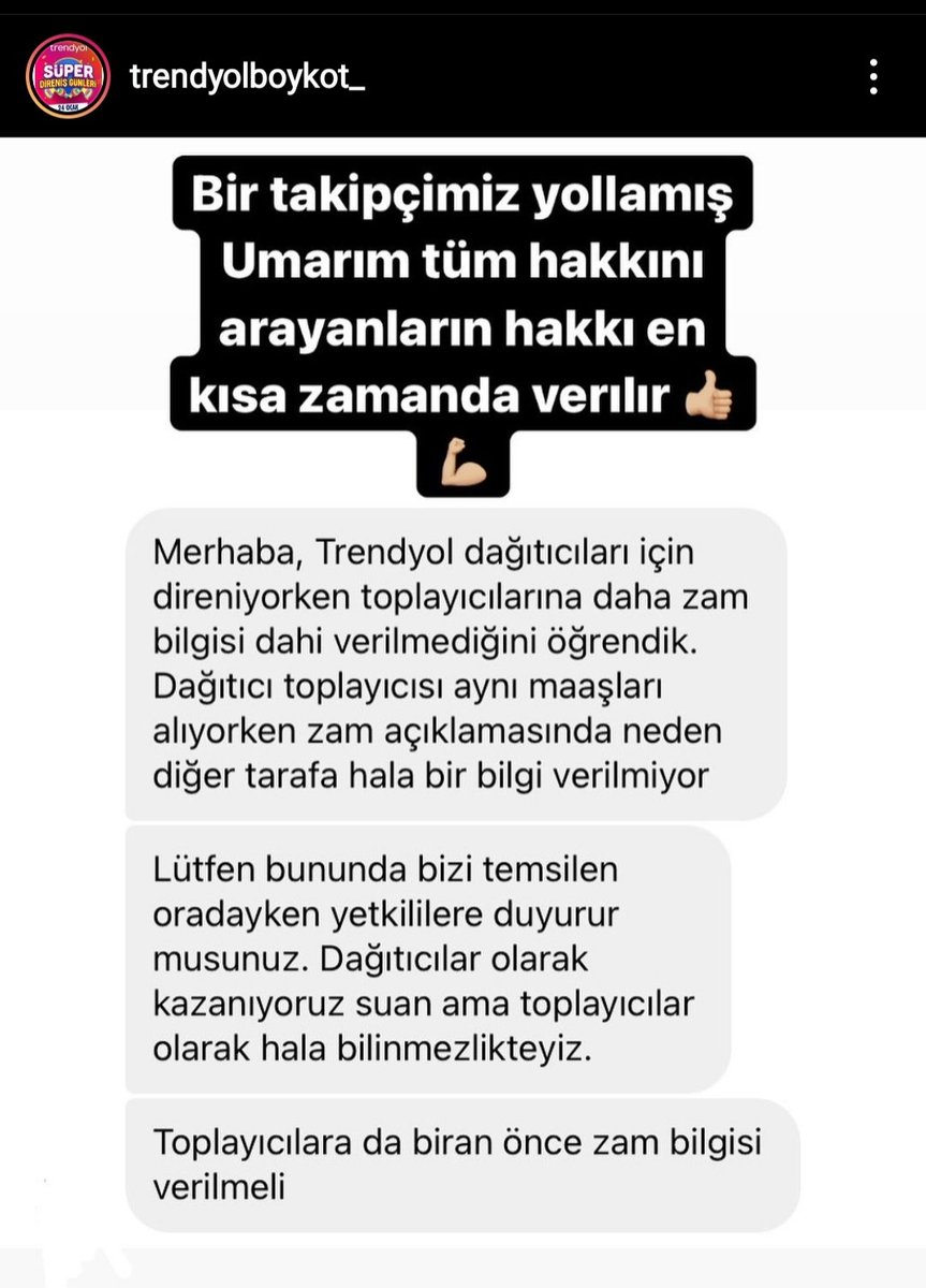 AycnUnvr's tweet photo. Direne direne kazandık! Ama bir sorunumuz daha var.Dağıtıcı emekçiler hakkını aldı fakat toplayıcı emekçilerin daha zam oranı bile belli değil.@Trendyol her çalışanının hakkını ver. Toplayıcı çalışanlarının da zam oranını açıkla.#haklarıvertrendyol #trendyolkuryezam
#trendyolzam https://t.co/4ucf6Die3r
