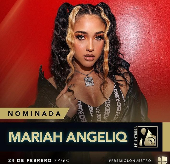 Mariah_ACharts's tweet photo. Mariah Angeliq is nominees “Artista Femenino Del Ano - Urbano (Female Artist Urban Of the Year)” at #PremioLoNuestro 

Go to vote:https://t.co/IGsFOt0TEB https://t.co/axQ8y1U5Kt