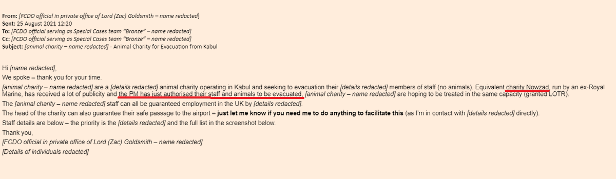 LOS_Fisher's tweet photo. Oof.  Difficult to see how this can be explained away...

No 10 repeatedly denied the claim the PM authorised the evacuation of Nowzad charity's staff/animals from Kabul.

But FCDO official states explicitly that he did, in private correspondence just released by @CommonsForeign https://t.co/nYCxGvyg5T