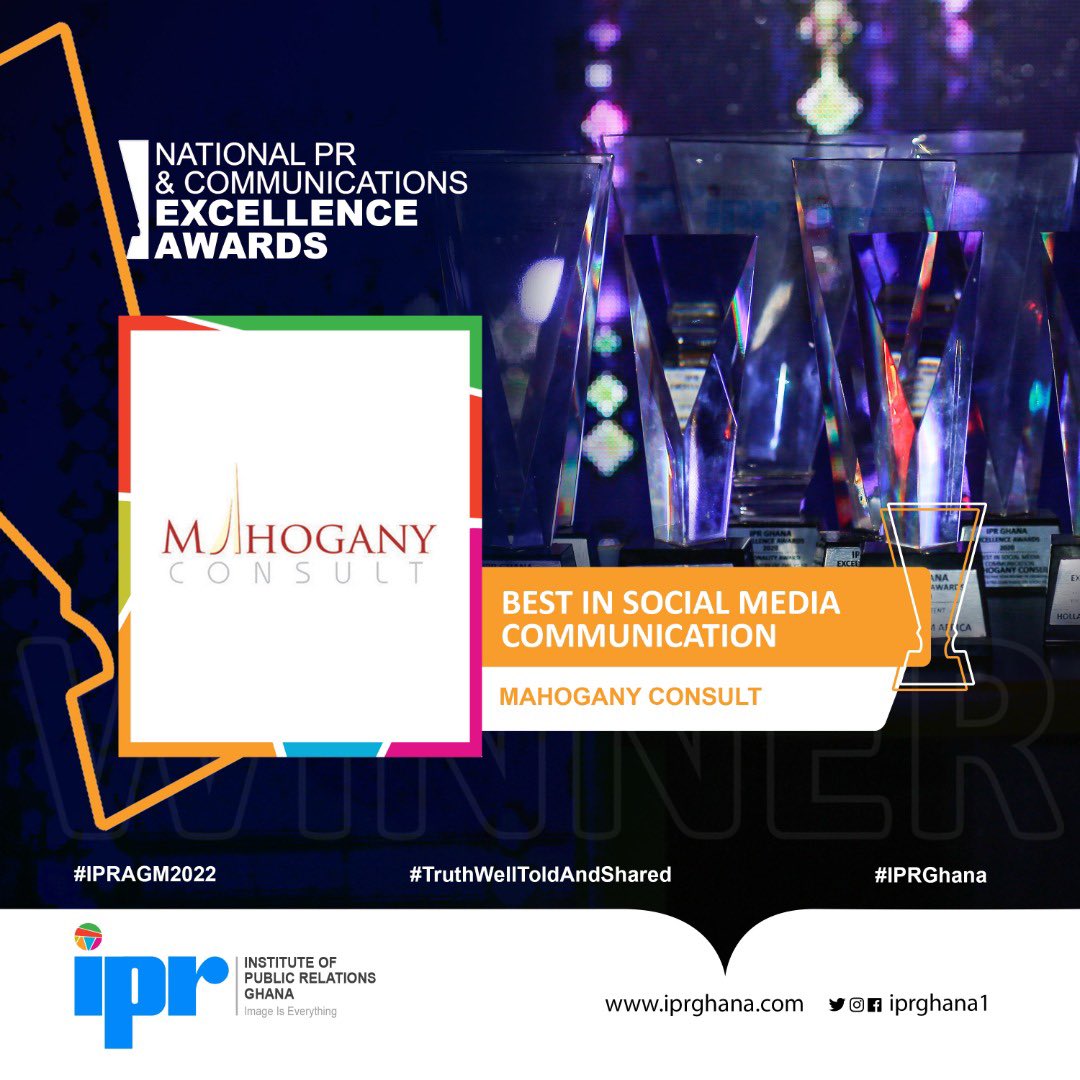 Congratulations  to <a href="/MahoganyConsult/">Mahogany Consult</a> for winning ‘Best In Social Media Communication’ at the just ended National PR &amp; Communications Excellence Awards at Volta Hotel, Akosombo.

#NationalPRAndCommunicationsExcellenceAwards
#IPRGhana
