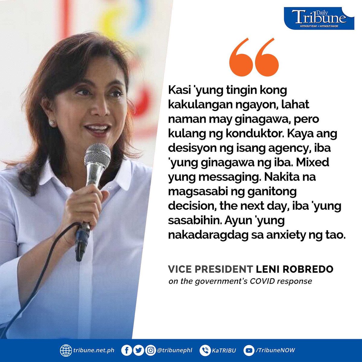 tribunephl's tweet photo. READ:
Vice President @VPPilipinas VP Leni Robredo criticized the government's pandemic response.
#BotoMoTo
#DailyTribune https://t.co/mrzmYlqmuh