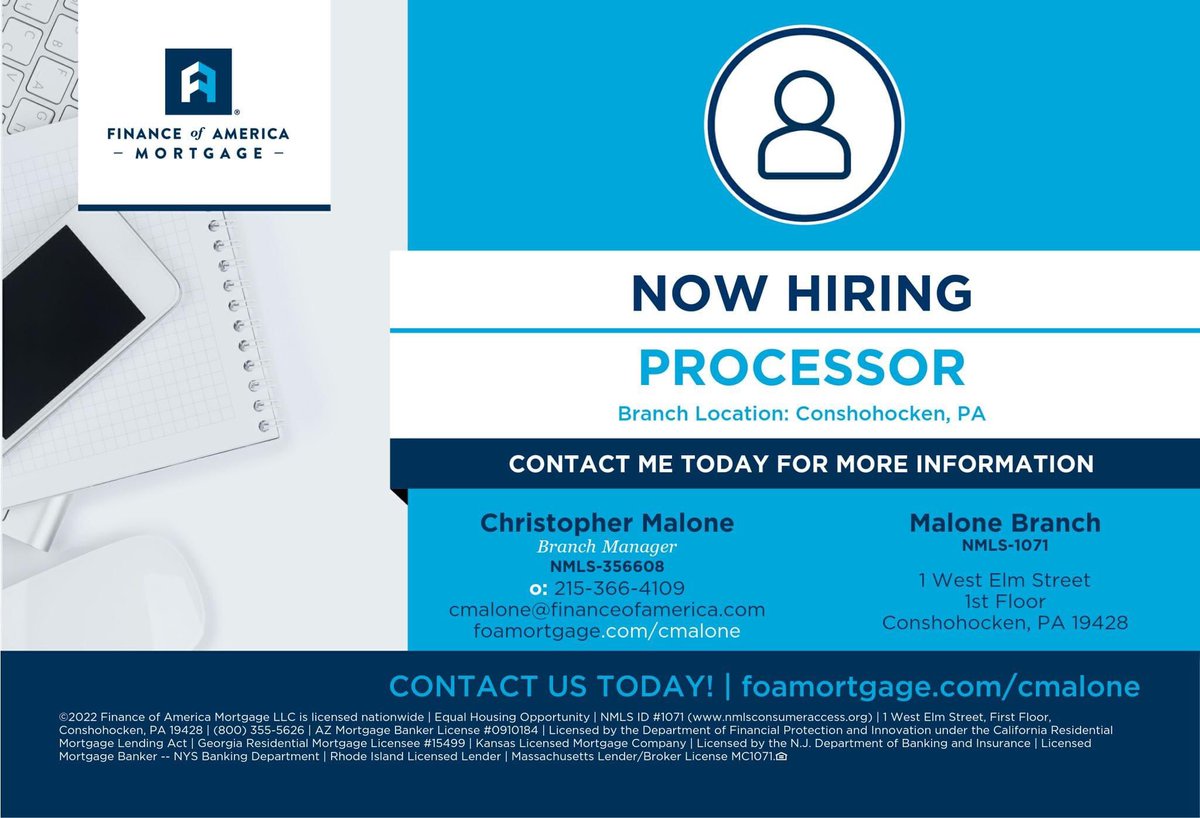 FAM_TeamMalone's tweet photo. We are hiring a mortgage processor immediately. Contact cmalone@financeofamerica.com for details. #financeofamericamortgage #yourphillylender #mortgageprocessor https://t.co/SgZrnyZ5yh