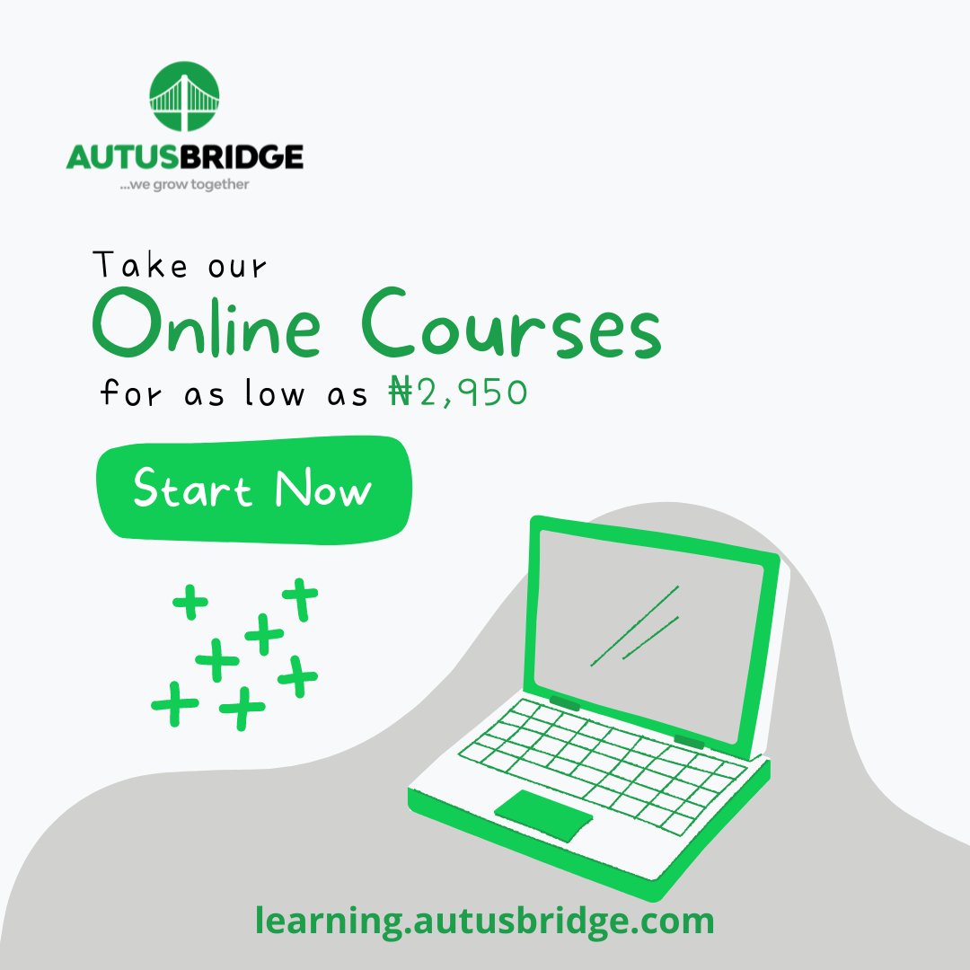 AutusBridge's tweet photo. Is your training budget on the low side?
Don't worry Autusbridge Learning Portal got you covered.

Take any of our online courses for just ₦2,950.
Visit https://t.co/IXFleT0zgO to get started.

Ibadan | #salestrainingprogram | #onlinecourses | #salescourses https://t.co/MD5lxjCg3n