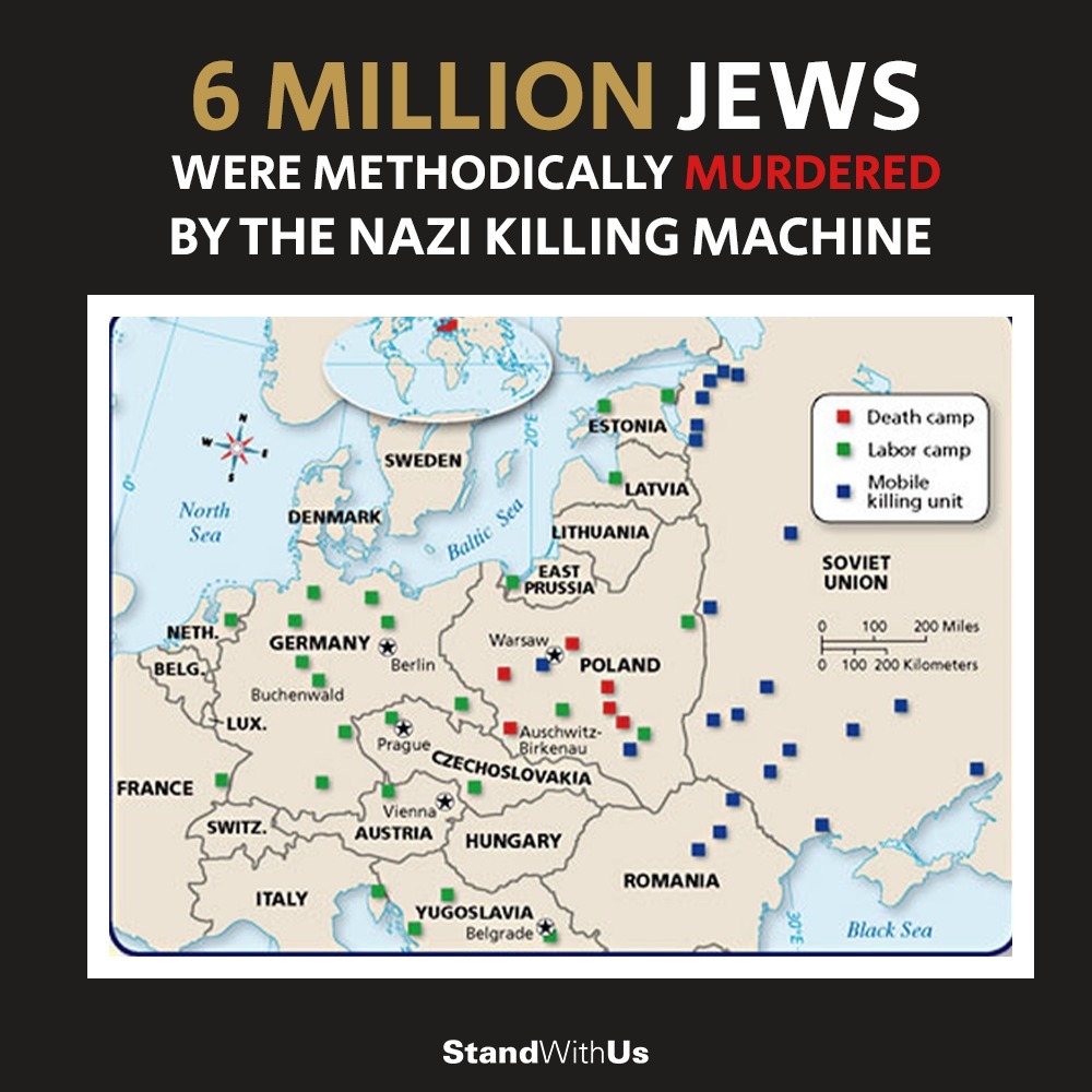 StandWithUs's tweet photo. During the Holocaust, 6 million Jews were murdered in Europe, many in extermination camps such as Treblinka, Chełmno, &amp; Auschwitz, at the hands of the Nazis.
Today, we remember the lives stolen by the Nazi killing machine. #HolocaustRemembranceDay 
#HolocaustMemorialDay https://t.co/WxlZpPv392