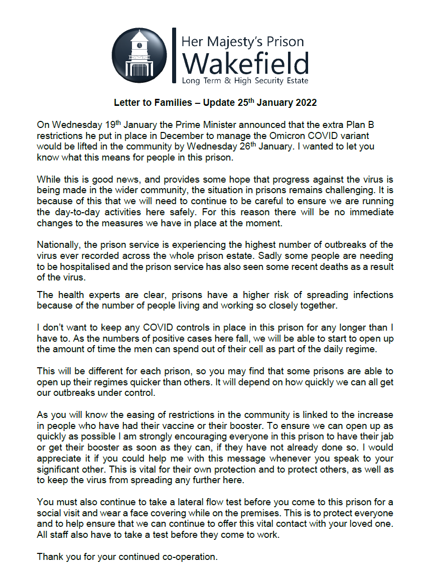 Please see the latest update regarding Covid-19 at HMP Wakefield.  Thank you for your continued co-operation.
