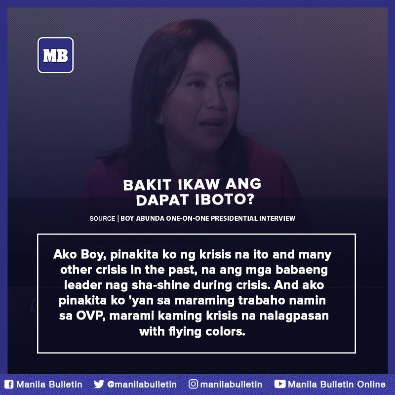 manilabulletin's tweet photo. 'Women leaders shine in crisis'

Presidential Candidate and VP Leni Robredo urged the voters during the one-on-one presidential interview with talk show host Boy Abunda, that she has already withstand a lot of crisis to be able to be the next President of the Philippines. https://t.co/DSJQObSL1L