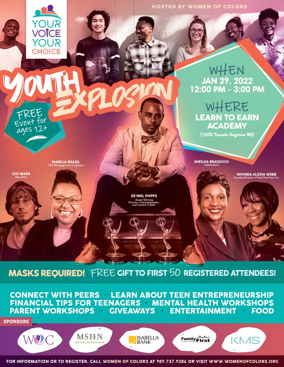 ColorsWomen's tweet photo. Women of Colors is excited to announce our 2022 Your Voice Your Choice Youth Explosion, a free event for middle and high school students ages 12+.

https://t.co/VKX8LQtxkL https://t.co/pXnxCIWxlE