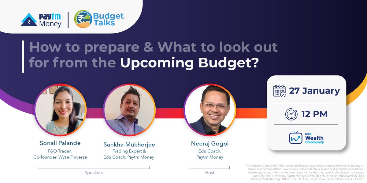 PaytmMoney's tweet photo. With a week to #Budget2022, we bring to you an exclusive series on #BudgetTalks. Join us for our first event &amp; learn from experts what to look for from the upcoming budget &amp; how to prepare for the same.
 
📆 27 January
⏰ 12 PM
 
Add to your calendar – https://t.co/P2Fb1XBgei https://t.co/RQqBMSA4xI