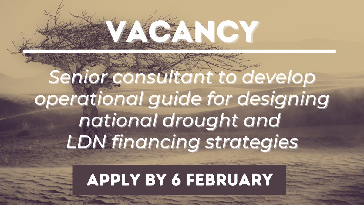 UNCCD's tweet photo. #JobAlert: We are looking for a senior #consultant to develop operational guide for designing national #Drought and #LandDegradation Neutrality financing strategies.

#Consultancy is home-based and part-time. Apply by February 6: https://t.co/YET3Hh0DBh

#vacancy #UNjobs https://t.co/RuSPwKdVbo
