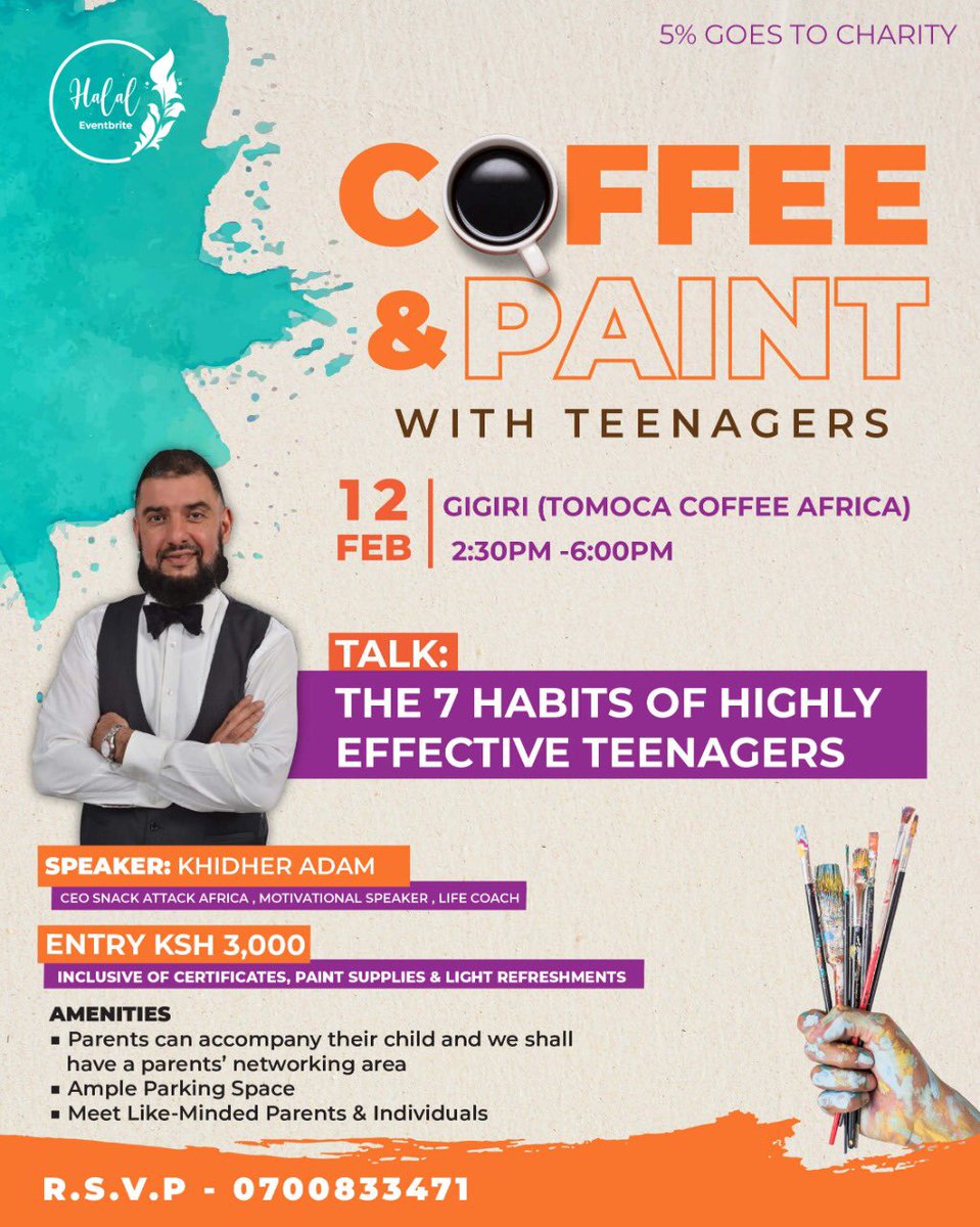 HalalEventbrite's tweet photo. Coffee & Paint With #Teenagers
Speaker: Khidher Adam; Ceo Snack Attack Africa, Motivational Speaker, Life Coach
Deadline for registration
5th/2/2022
For more info call:
0700833471
#NairobiEvent #CoffeePaint #Teenagers #HalalEventbrite https://t.co/plJNdd9BdW