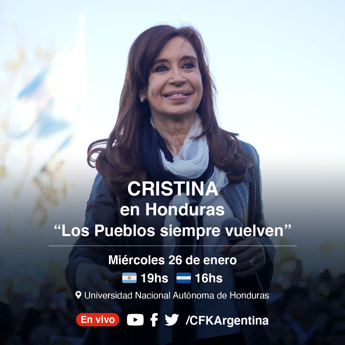CFKArgentina's tweet photo. “Los Pueblos siempre vuelven”.

Esta tarde participaré de un encuentro en la Universidad Nacional Autónoma de Honduras.
Lo van a poder ver en vivo en mis redes desde las 19 hs. https://t.co/47GVYIlyTe
