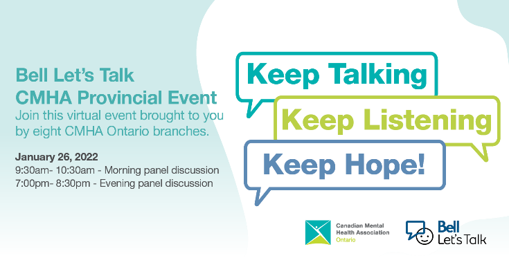 cmhahalton's tweet photo. Today is the day! Join us for our panel discussions on mental health and how we can keep hope during these challenging times. Tune in at 9:30 for the morning panel or join us this evening at 7! https://t.co/TDrIAGNYjY #BellLetsTalk https://t.co/0MG9BlELXD