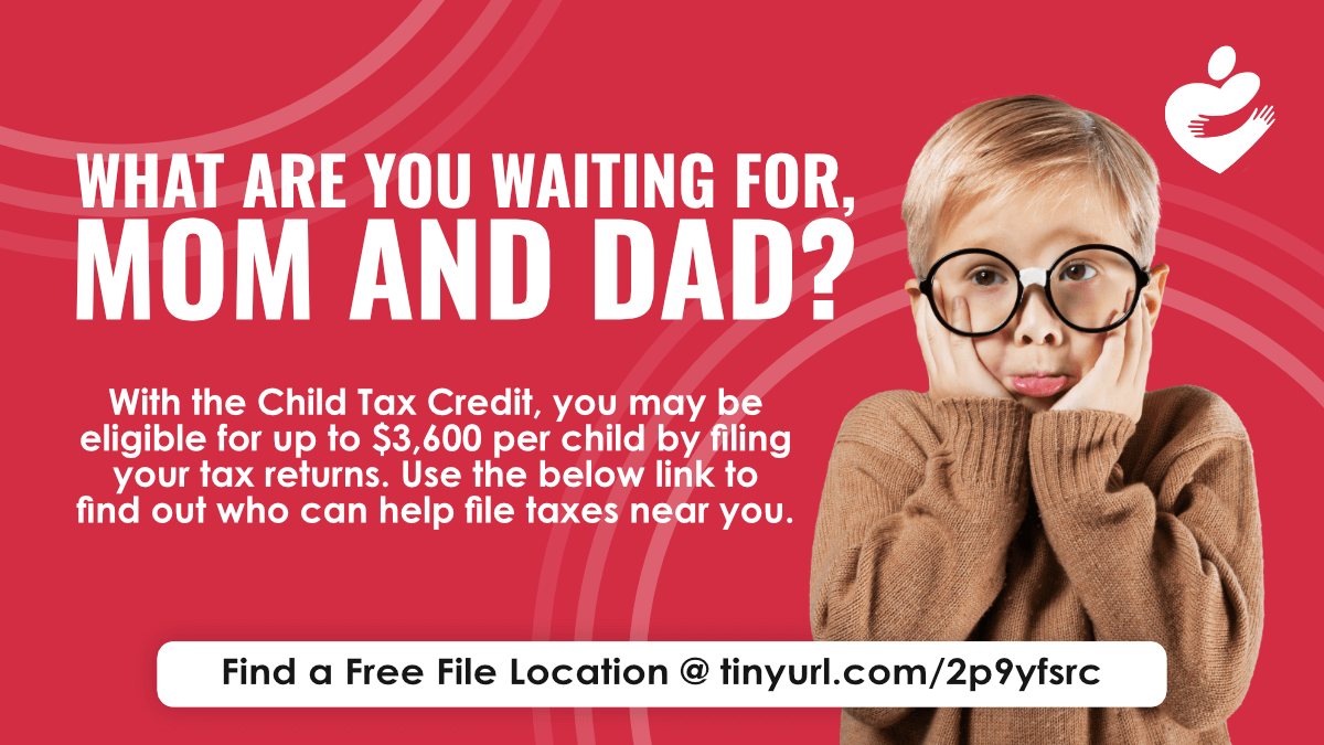 National Community Action Partnership (@capartnership) on Twitter photo It's not too late for families to take advantage of up to $3,600 per child afforded by the Child Tax Credit — all you need to do is file a 2021 tax return. Find a Free File location here: tinyurl.com/2p9yfsrc #ChildTaxCredit #CTC #taxreturn It's not too late for families to take advantage of up to $3,600 per child afforded by the Child Tax Credit — all you need to do is file a 2021 tax return. Find a Free File location here: tinyurl.com/2p9yfsrc #ChildTaxCredit #CTC #taxreturn