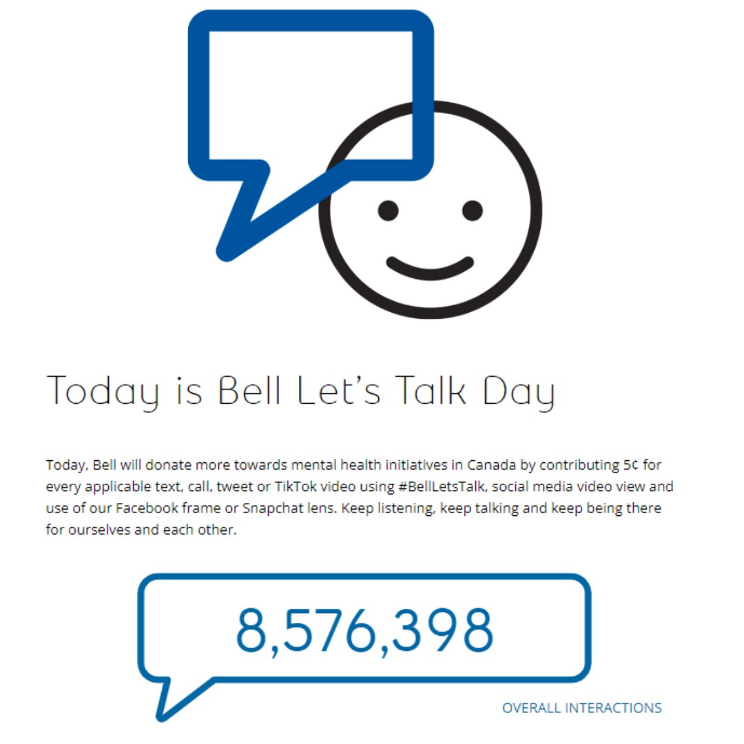 Today is Bell Let's Talk Day.   We encourage our community to listen, talk, and being there for ourselves and each other on this day and each day.  #BellLetsTalk  <a href="/Bell_LetsTalk/">Bell Let's Talk</a>