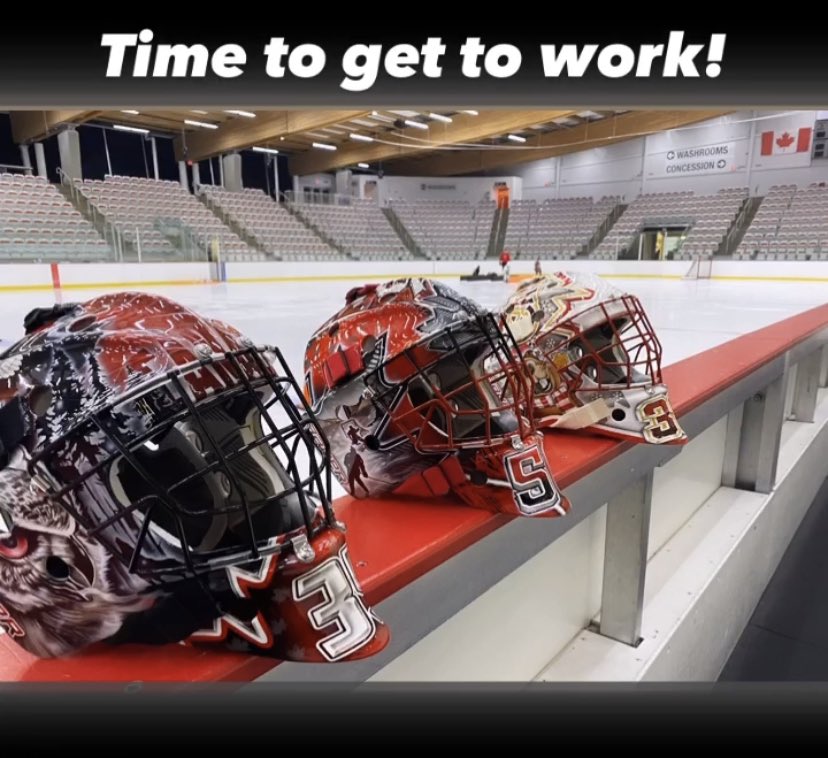 TPGoaltending's tweet photo. The best kind of hard hats!

@HockeyCanada 
#goaltending #goaltender #goalie #Olympics #Beijing2022 #goalieworld 
#Nextlevel @Friedesigns @ProSkateGoal https://t.co/fMlHN3wPlT