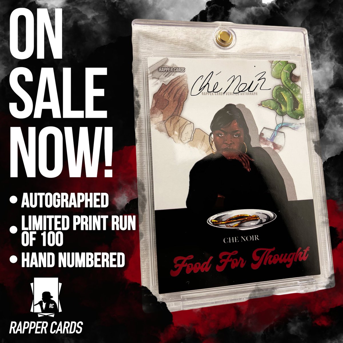For sale now is <a href="/che_noir/">Ché Noir</a>’s first release with RAPPER CARDS celebrating her excellent new album Food for Thought. Only 100 available. All hand signed and numbered and protected by a magnetic case. Available now at rapper-cards.com

#rappercards #chenoir #hiphop #thehobby