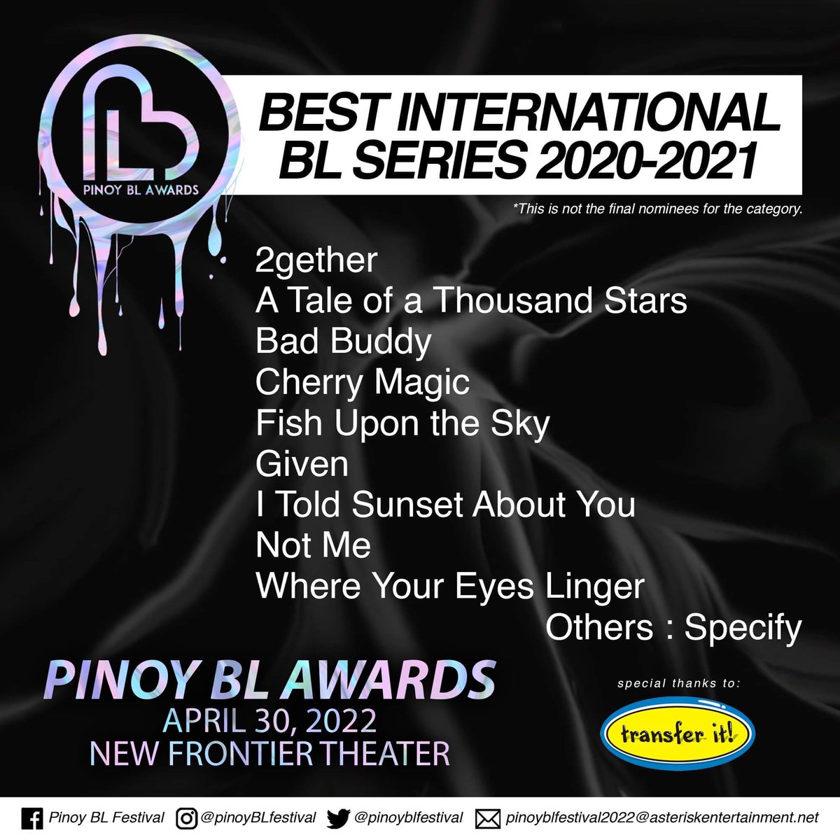 pinoyblfestival's tweet photo. Lets start the ball rolling. 10% of the International Awards for BL Series shown or released starting 2020-2021 will come from your votes. 

Quote Retweet with your choices with the hashtags #PinoyBLAwards #PinoyBLFestival for your votes to be counted. https://t.co/ujoE8dHq3A