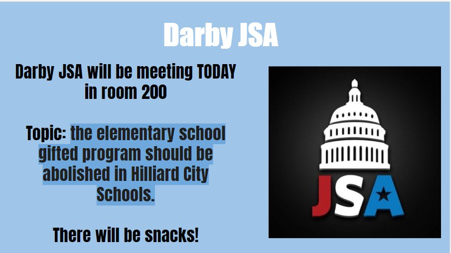 HDPantherPress's tweet photo. JSA will be having a debate today and the topic will be resolved: the elementary school gifted program should be abolished in Hilliard City Schools. As usual there will be snacks. https://t.co/BynOxWemUO