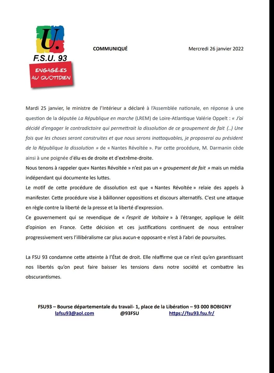 93Fsu's tweet photo. Communiqué de la #FSU93 : Menace de #dissolution de @Nantes_Revoltee
C'est une attaque
en règle contre la #LibertéDeLaPresse et la #LibertéDExpression.
#NantesRevoltee https://t.co/Lo3iVabN9B