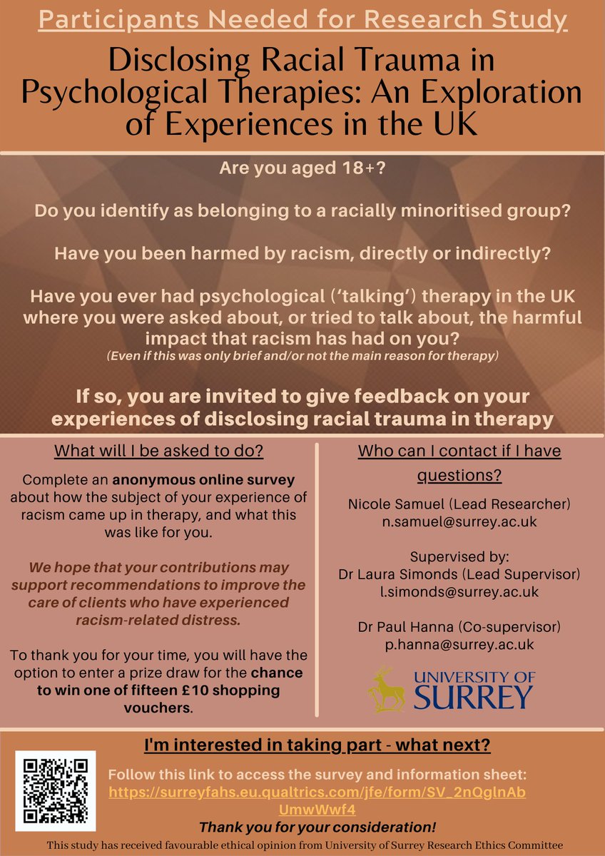 RTinTherapy's tweet photo. Hello👋🏾 I'm currently researching experiences of disclosing racial trauma in therapy in the UK.

My hope is to inform improvements in support for those experiencing racism-related distress.

If you're interested, scan the QR code or go to: 
https://t.co/7jpQd3tBoy

Please share! https://t.co/6uEzK6Eek3