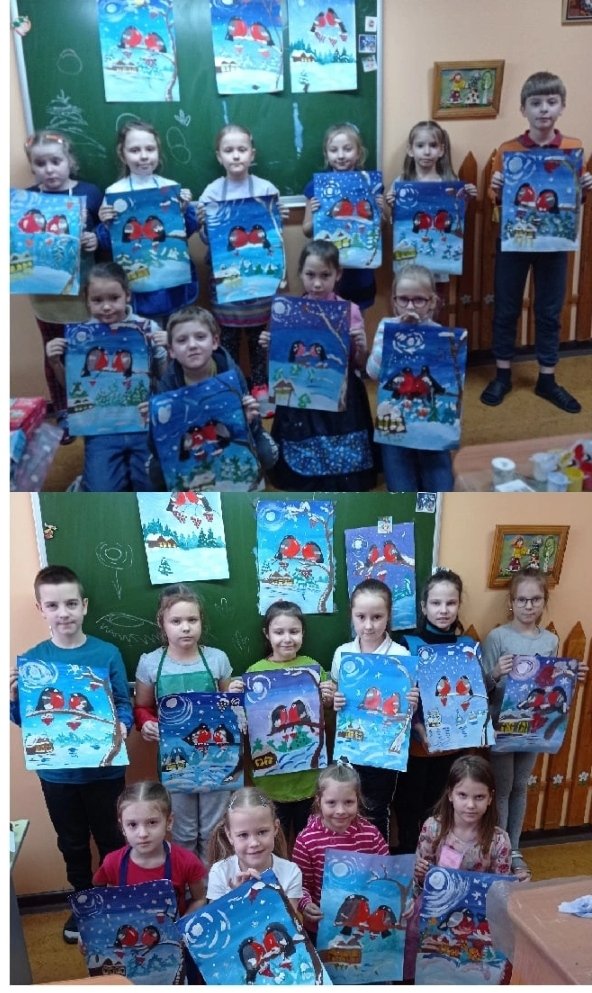 На снегу сидит блистая, Красногрудых птичек стая. Полюбуйтесь поскорей,                    На красавцев снегирей! 
Вот такие яркие и красивые красногрудые снегири получились у наших юных художников(ПДО Радченко С.В.).