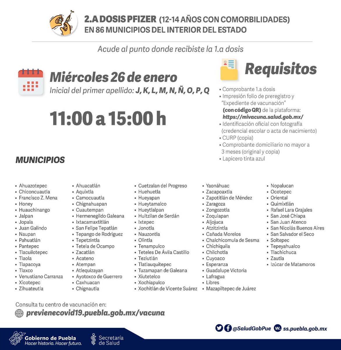 SaludGobPue's tweet photo. Este miércoles continuamos con la vacunación contra la #COVID19 en 86 mpios. del interior del estado para:
💉 30-39, así como 15-17 y 12-14 años con comorbilidades (2.a dosis Pfizer)
💉 15-17 y 12-14 años con comorbilidades, así como 🤰menores de 18 años (1.a dosis Pfizer)
(1/2) https://t.co/87tobUQteJ