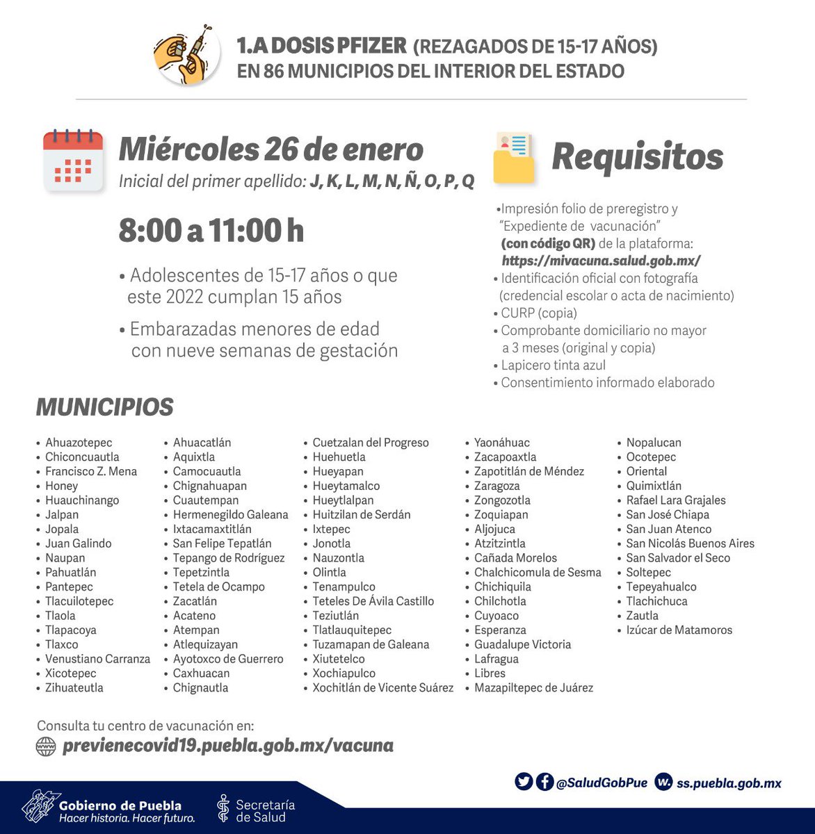 SaludGobPue's tweet photo. Este miércoles continuamos con la vacunación contra la #COVID19 en 86 mpios. del interior del estado para:
💉 30-39, así como 15-17 y 12-14 años con comorbilidades (2.a dosis Pfizer)
💉 15-17 y 12-14 años con comorbilidades, así como 🤰menores de 18 años (1.a dosis Pfizer)
(1/2) https://t.co/87tobUQteJ