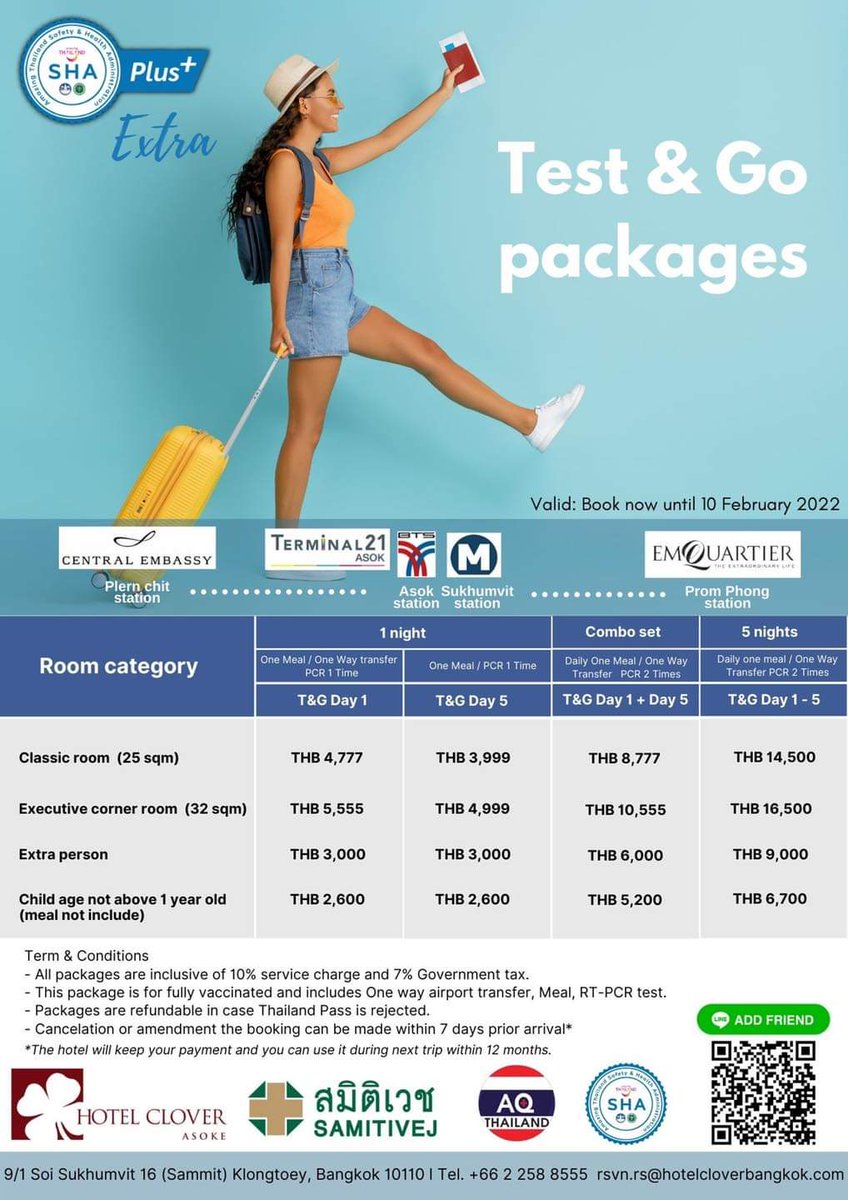 cloverasoke's tweet photo. ✈️ Ultimate Test &amp; Go Package @Hotel Clover Asoke 🍀

Enjoy a comfortable &amp; safe stay in a government-certified hotel with the concept of  We Care We Clean
For Information &amp; Reservation:
Tel: 66 2 258 8555
Email: rsvn.rs@hotelcloverbangkok.com
Website: https://t.co/3wQOfy03lA https://t.co/kV9OvRtq7B