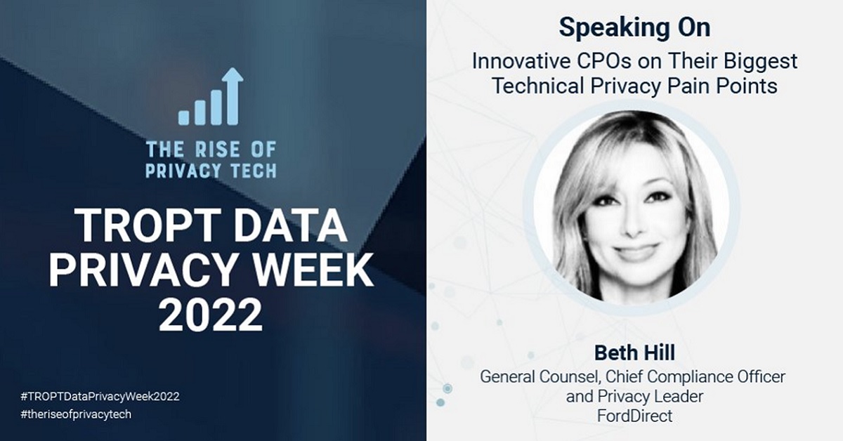 This morning, FordDirect General Counsel @BTBHILL  joins a panel titled “Innovative CPOs on Their Biggest Technical Privacy Pain Points” at #TROPTDataPrivacyWeek2022. #privacy #theriseofprivacytech 

Learn more: hopin.com/events/tropt-d…