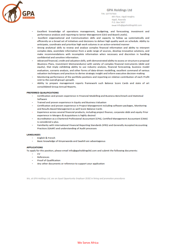 gpa_ltd's tweet photo. WE ARE HIRING!
We are private company incorporated in Rwanda since February 2018. The company is a holding with
investments in Rwanda, South Africa and other African countries.
This is where you will be sending your application for #seniorfinancialanalyst info@gpaholdingsltd.com https://t.co/FHKwVqWjFZ