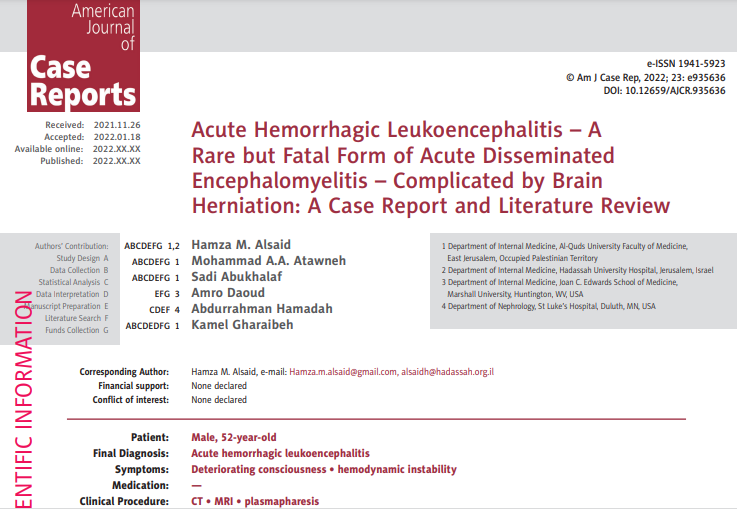 hamzaalsaid7's tweet photo. Our latest paper (Acute Hemorrhagic Leukoencephalitis – A Rare but Fatal Form of Acute Disseminated Encephalomyelitis – Complicated by Brain Herniation)  is now available in press: 
paper is available on @ResearchGate: https://t.co/Jc9fLtDE2n https://t.co/ALTlVUlXGZ