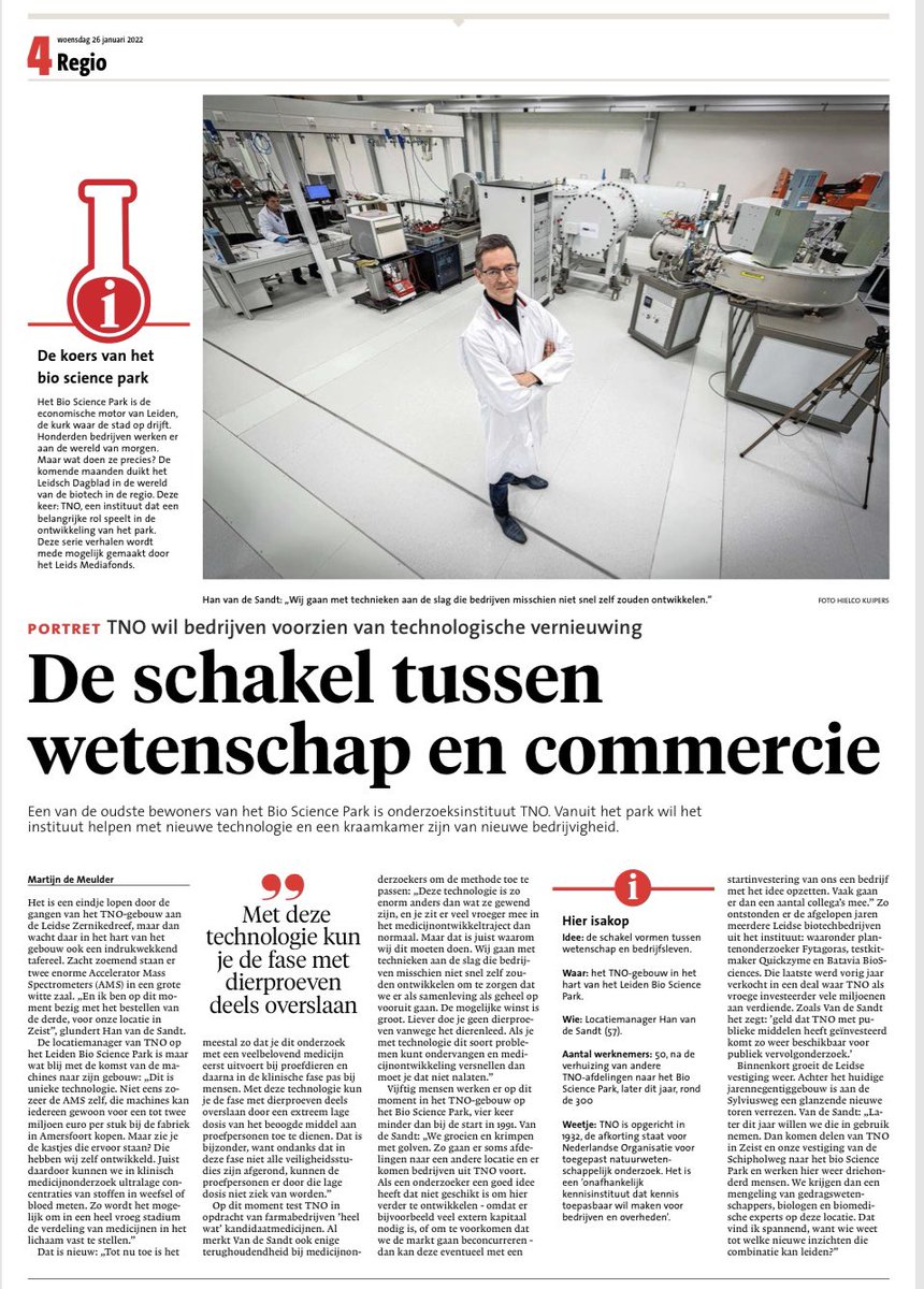 Medicijnontwikkeling is een hele lange keten.
In de prachtige serie <a href="/leidschdagblad/">Leidsch Dagblad</a> over het Leiden Bio Science Park dit keer een artikel over de rol van TNO.
<a href="/Leidenbsp/">LeidenBioSciencePark</a> <a href="/TNO_nieuws/">TNO Nieuws</a> <a href="/LUMC_Leiden/">LUMC Leiden</a>