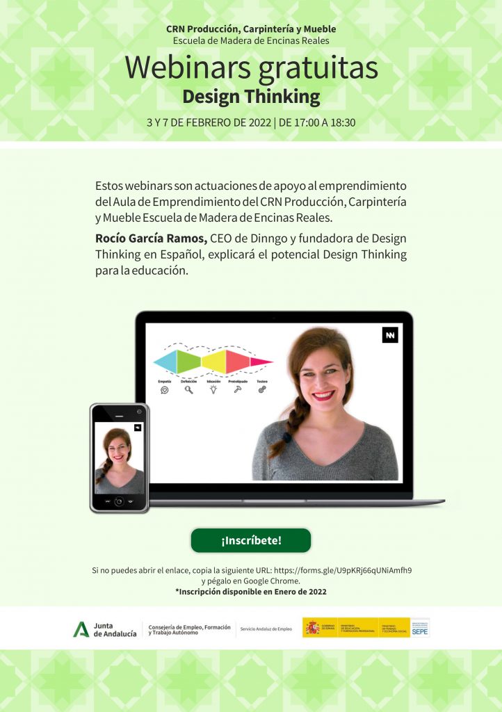 centroalbayzin's tweet photo. Inscripción abierta del Webinar sobre Design Thinking organizado por #CRNCarpinteríayMueble en su #AuladeEmprendimiento #ALPATIO @EscuelaMaderaER #escueladeMaderaEncinasReales #SAE ➕INFO 👇
https://t.co/QRZk24Noat https://t.co/4UrYO13EHs