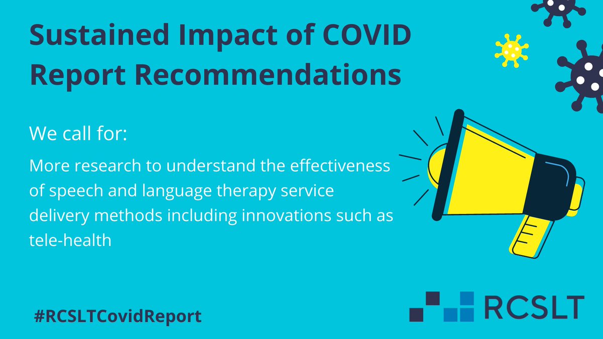 RCSLTpolicy's tweet photo. We call for:

Research to be funded and undertaken to better understand the effectiveness of speech and language therapy service delivery methods which may impact on service resources, including innovations such as in telehealth.

#RCSLTCovidReport (6/8) https://t.co/L71C5nU616