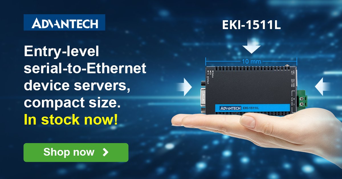 Advantech_IIoT's tweet image. 📶 Entry-Level Serial-to-Ethernet Device Server EKI-1511L is now available in stock for your industrial applications within harsh and limited-space environments. Ready for immediate delivery!
⬇️⬇️⬇️
bit.ly/Advantech_InSt…

#WeEnableAdvancedConnectivity #DeviceServer #Instock