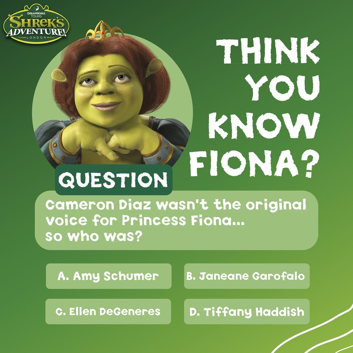 ShreksAdventure's tweet photo. But do you REALLY know her?! ๐
A B C or D... Whats your answer? ๐
#ShrekTrivia #Shrek #Fiona #CameronDiaz #ShreksAdventureLondon https://t.co/TlEkQYkXYy