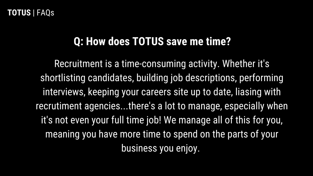 TotusRPO's tweet photo. Business owners are time poor. This is especially the case when working with remote or hybrid teams as more processes need to be built, maintained and monitored. Read on to find out how TOTUS saves you time. #recruitment #hiring #businessadvice #startup #TotusFAQs https://t.co/qvKQFPfSdg