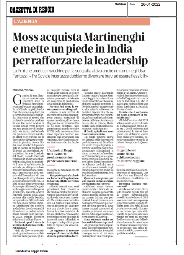 MossItaly's tweet photo. "MOSS acquista Martinenghi e mette un piede in India per rafforzare la leadership" : intervista pubblicata sulla @gazzettaReggioE di oggi.
@MossItaly #MartinenghiTech #pmi #leadership #macchinedastampa #offset #serigrafia #digitale #madeinitaly #export https://t.co/lpQ1Q2lrdd