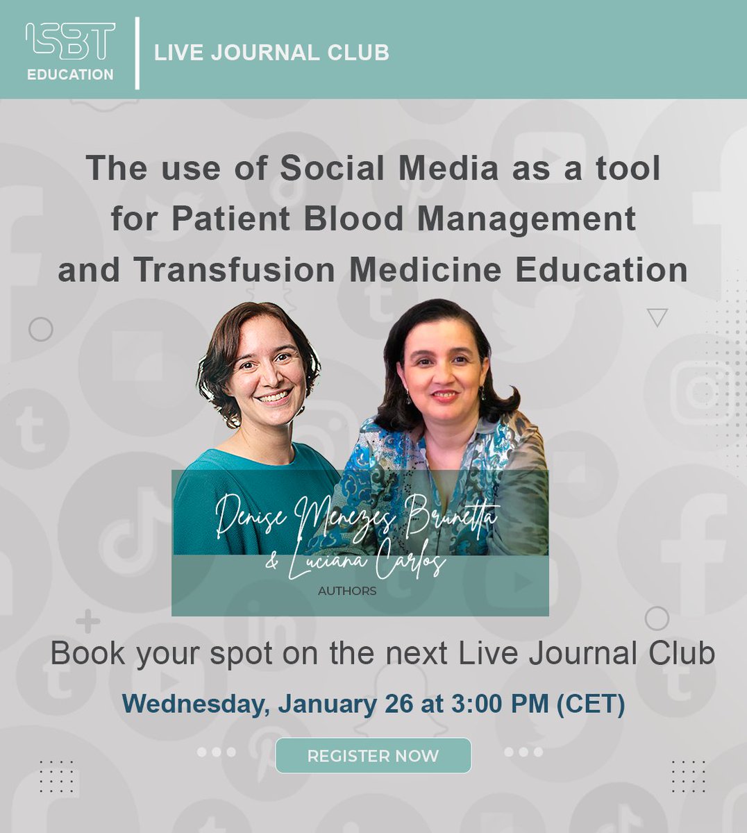 ISBTCO's tweet photo. Don't forget to register for today's #LiveJournalClub with Denise Menezes Brunetta and Luciana Carlos 🇧🇷 about "The use of social media as a tool for patient blood management and transfusion medicine education"
⏰ Today, 3PM (CET)
🔗 https://t.co/zwIUAXK46r
@EducaSangue https://t.co/0f3K6cZciX