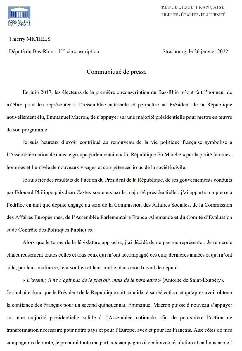 J'ai décidé de ne pas me représenter aux #legislatives. Fier du chemin parcouru,heureux d'avoir pu servir mes concitoyens, reconnaissant pour l'amitié & le soutien de mes compagnons de route. Je continue à être pleinement engagé aux côtés d'@EmmanuelMacron @enmarchefr #5ansdeplus