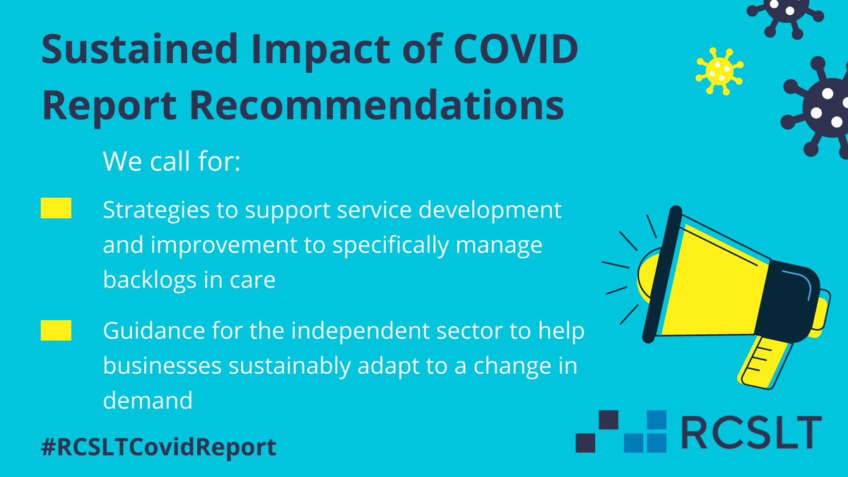 RCSLTpolicy's tweet photo. We call for:

Extensive support for speech and language therapists outlining strategies for service improvement to manage backlogs in care, with additional guidance for the independent sector to help businesses sustainably adapt to a change in demand.

#RCSLTCovidReport (8/8) https://t.co/3MxCCQ9aNx