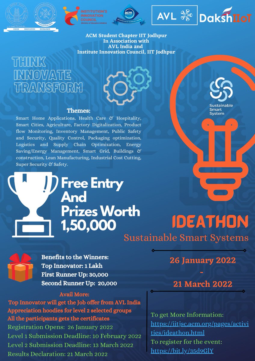 acm_sc_iitj's tweet photo. ACM Student Chapter IIT Jodhpur, Institution's Innovation Council and AVL India bring you to engage in a battle of wills “iDeathon on Sustainable Smart Systems”
Event Link: https://t.co/SNCoIkqL14
@DakshIiot 
#ACM #IITJ #ACMStudentChapterIITJ #computerscience #prizes #event https://t.co/Ka9mJFAVyL